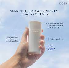 (ซองฟ้าขวดขาว) Kose Sekkisei Clear Wellness UV Sunscreen Mild Milk SPF50+ PA+++ กันแดดโคเซ่เนื้อน้ำนมสูตรอ่อนโยนเหมาะกับผิวแพ้ง่าย มอบสัมผัสเรียบเนียน สบายผิว สามารถใช้เป็นเมคอัพเบสได้ นอกจากกันแดดแล้ว ยังช่วยบำรุงผิวแข็งแรงดูชุ่มชื้น ปกป้องผิวจาก PM2.5
