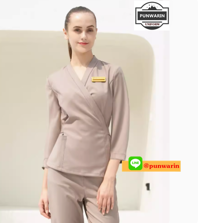 ชุดพนักงานนวดสปา ชุดพนักงานเสริมสวยสปาเท้าชุดฟอร์มพนักงานสปาเล็บ S6705003 น้ำตาล ดำ S-3XL