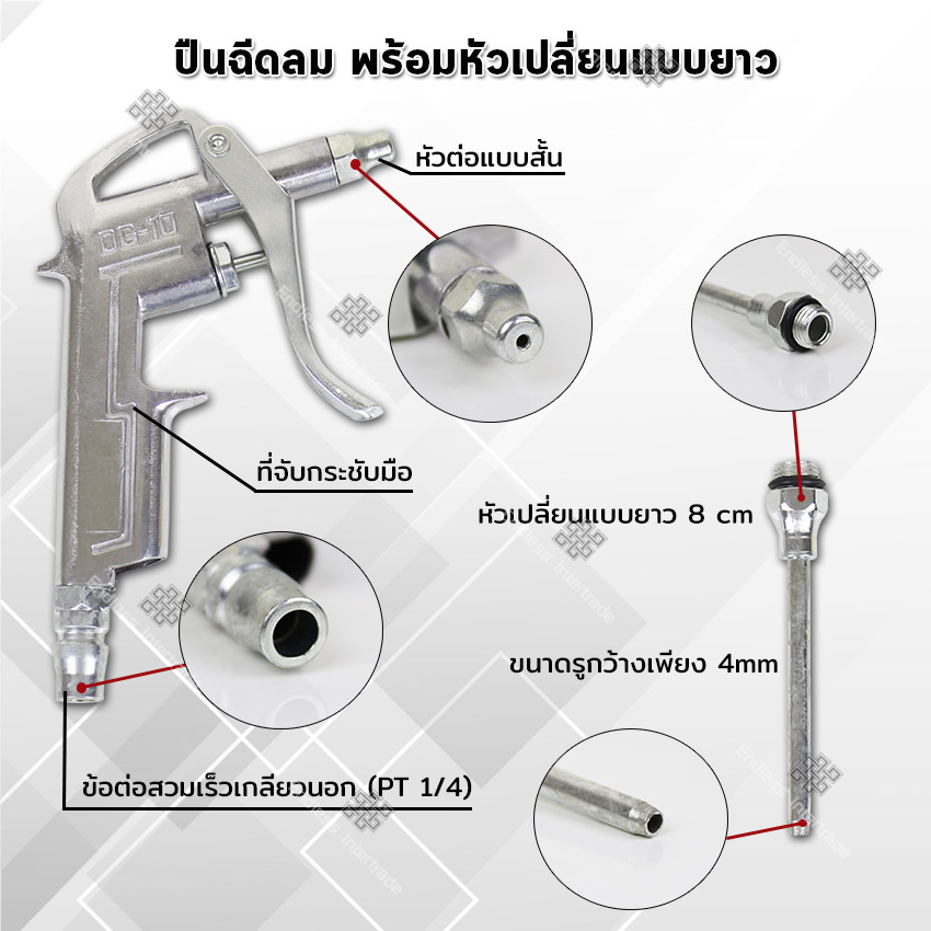ชุด สายลม สายปั๊มลม PU 5x8mm ยาว6เมตร + ปืนฉีดลม ปืนเป่าลม พร้อมหัวเปลี่ยนแบบยาว รุ่น DG-10 + ปืนเติมลม ที่เติมลม พร้อม เกจ์วัดลม
