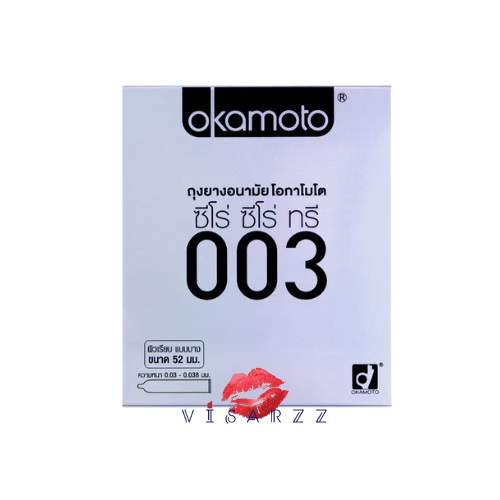 (Exp.09/29) Okamoto 003 1 กล่อง 2 ชิ้น โอกาโมโต ซีโร่ ซีโร่ ทรี ขนาด 52 มม ถุงยางอนามัยผิวเรียบและมีความบางเพียง0.03 มม