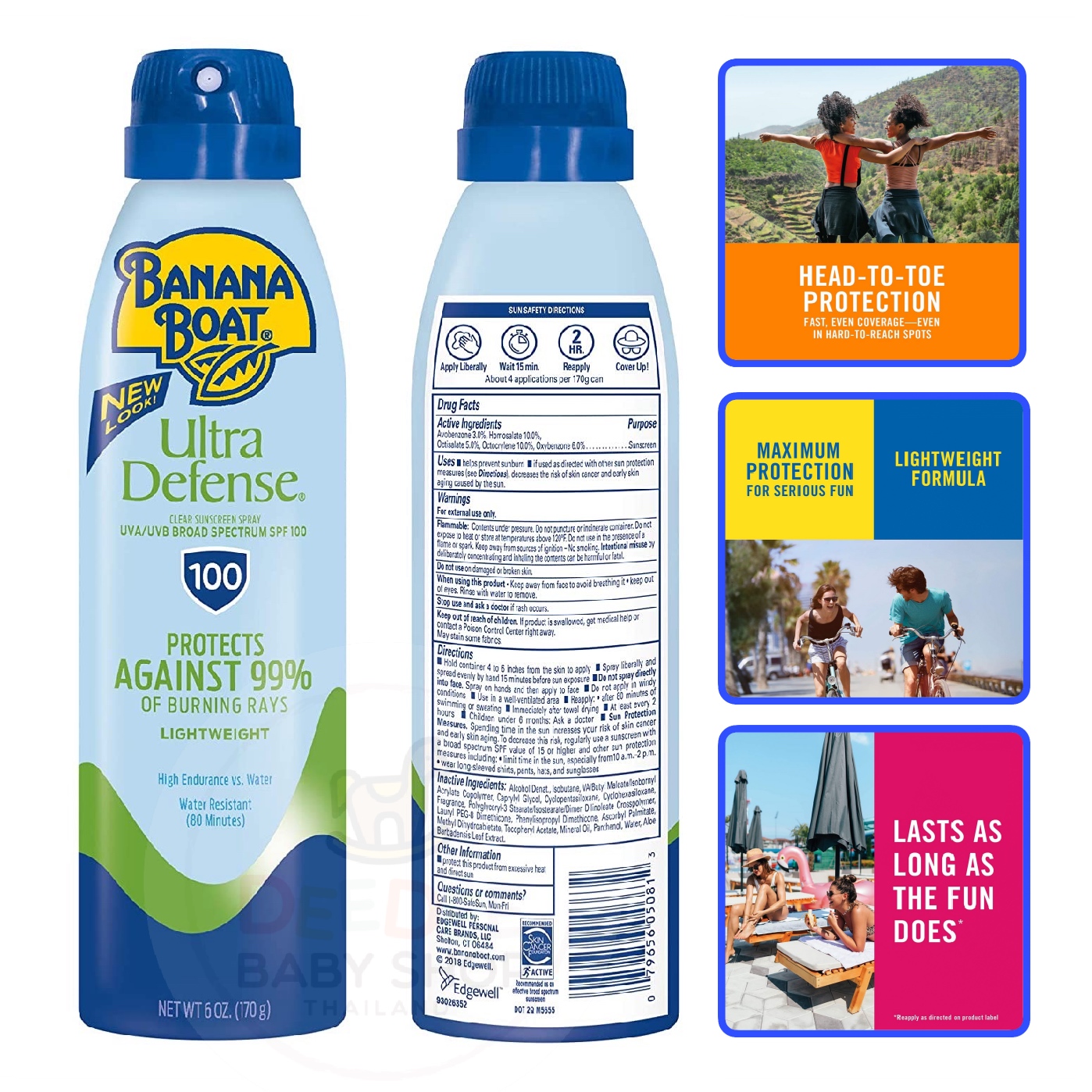 สเปรย์กันแดดสำหรับผิวหน้าและผิวกาย Banana Boat Ultra Defense Clear Sunscreen Spray SPF100