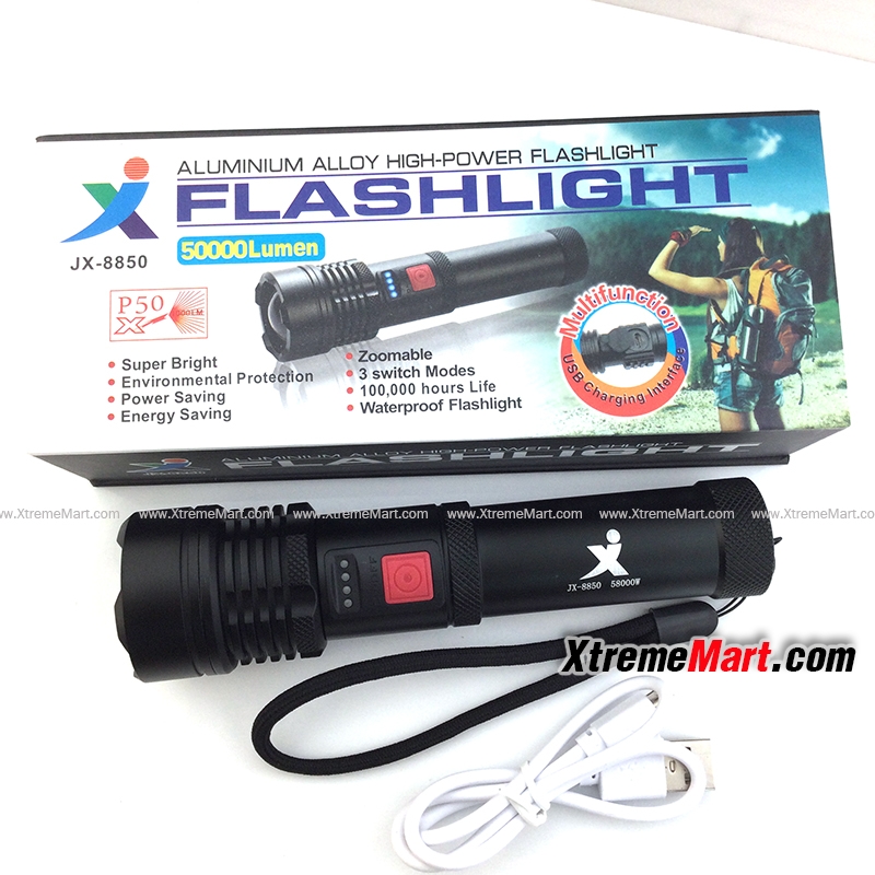 ชุดเซตไฟฉายซูม JX รุ่น 8850 P50 58000W แสงขาว 5000LM 5โหมด พร้อมแบตเตอรี่ในตัวและสายชาร์จ USB