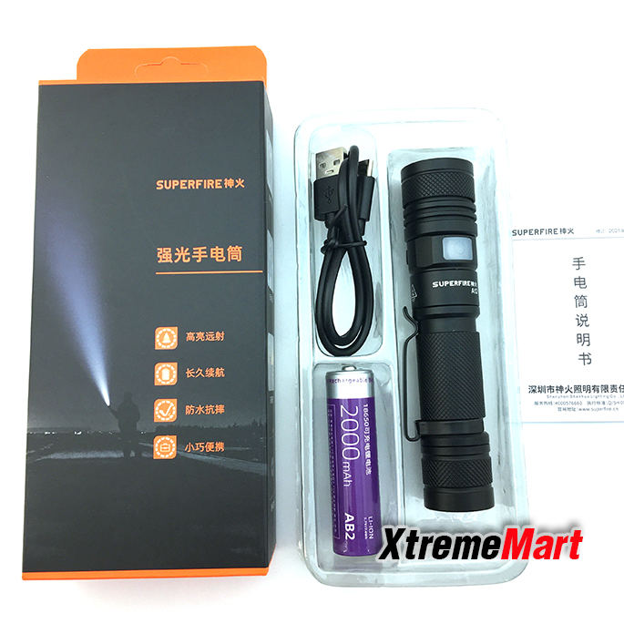 ชุดเซตไฟฉายซูม SUPFIRE A12 หลอด P50 1800lumen 4-Mode Zooming LED Flashlight Torch with USB Type C - Black