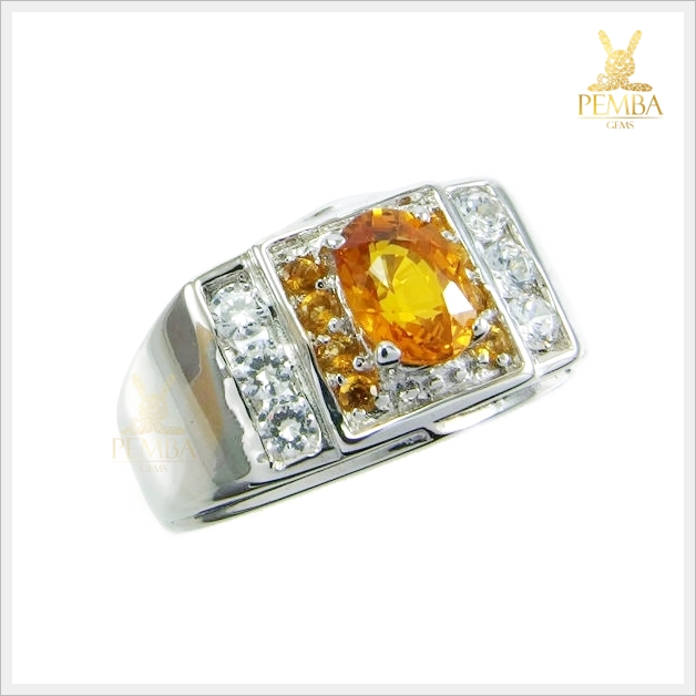 แหวนบุษราคัมแท้ สีเหลืองทอง สวยใสไฟดี เงินแท้ ชุบทองคำขาว