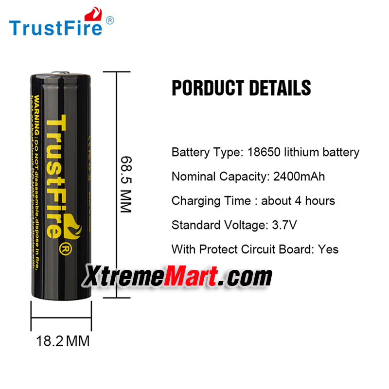 แบตเตอรี่ TrustFire 18650 3.7V 2400mAh Protected Rechargeable Li-ion Battery (ราคาต่อก้อน)