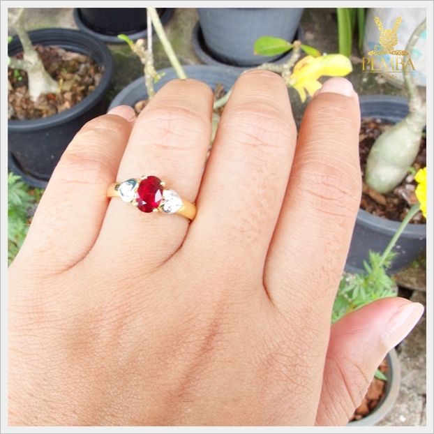 แหวนทับทิมแท้ สีแดงเลือดนก เงินแท้ชุบทอง ใส่ติดนิ้วเก๋ๆ แหวนพลอยแท้