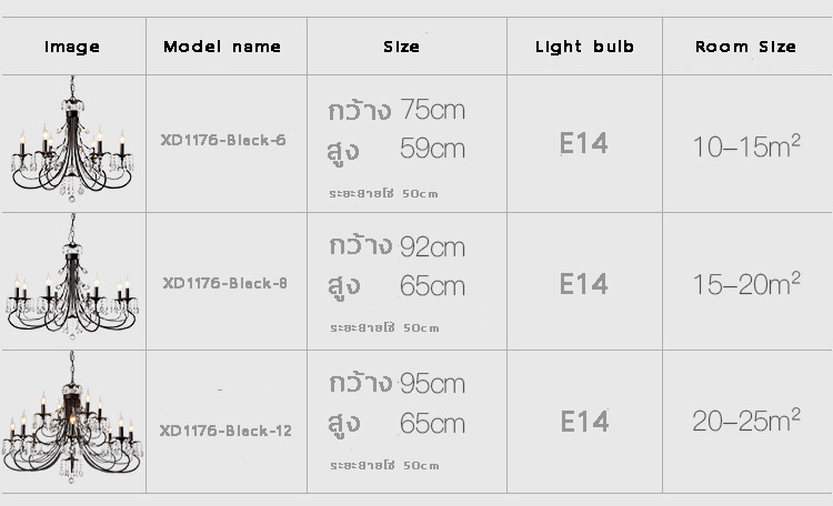 โคมไฟระย้าเหล็กดัดสีดำดวงไฟลายแท่งเทียนตกแต่งคริสตัลสไตล์อเมริกันโมเดิร์น [XD1176]