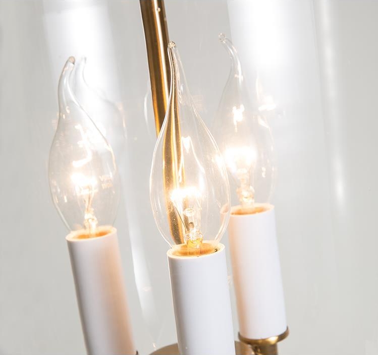 โคมไฟแขวนเพดานแก้วใสทรงโถโครงเหล็กสีทอง ไฟทรงแท่งเทียน 3 ดวง สไตล์ American Modern [GC3522]