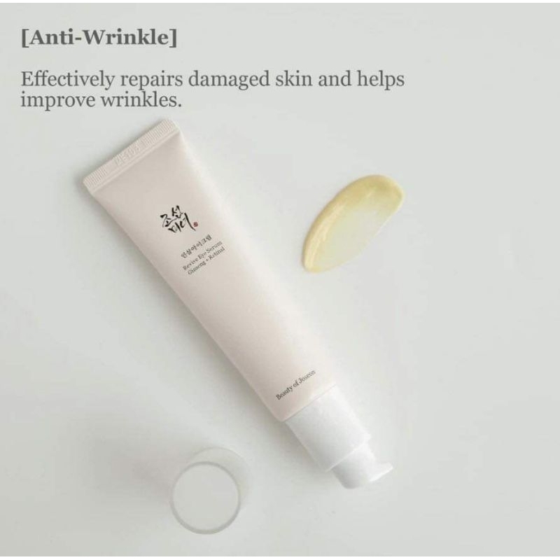 Beauty of Joseon Revive Eye Serum Ginseng + Retinol 30mL อายเซรั่มเข้มข้นจาก BOJ ที่ผสานพลังของโสม และเรตินอลเข้าด้วยกัน เพื่อจัดการริ้วรอยรอบดวงตาในยามที่คุณหลับ ให้ตื่นมากับดวงตาที่สดใส ไม่โทรมและร่องลึกที่ดูตื้นขึ้นและอ่อนเยาว์ขึ้นเมื่อใข้อย่างต่อเนื่อ