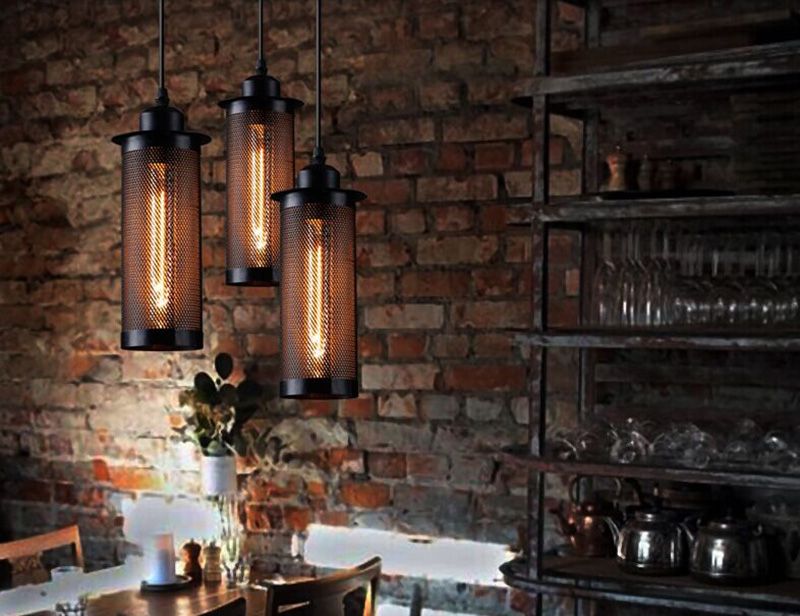 โคมไฟแขวนเพดานทรงกระบอกตาข่ายเหล็กสีดำสไตล์ลอฟท์ [RI-10]