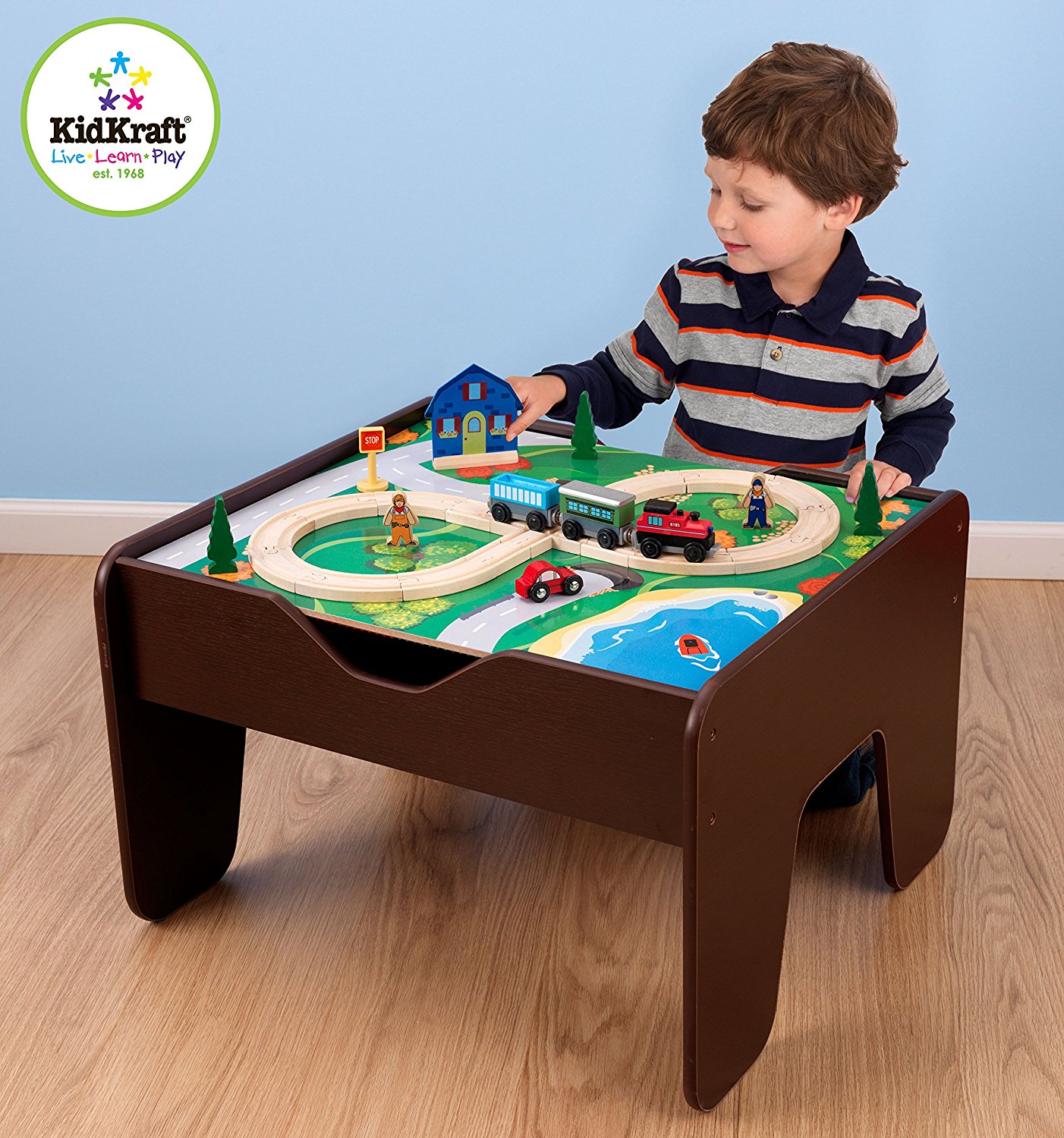 โต๊ะกิจกรรมสำหรับเลโก้พร้อมชุดรถไฟ Kidkraft 2-in-1 Activity Table with LEGO-Compatible Board and Train Set (Espresso)