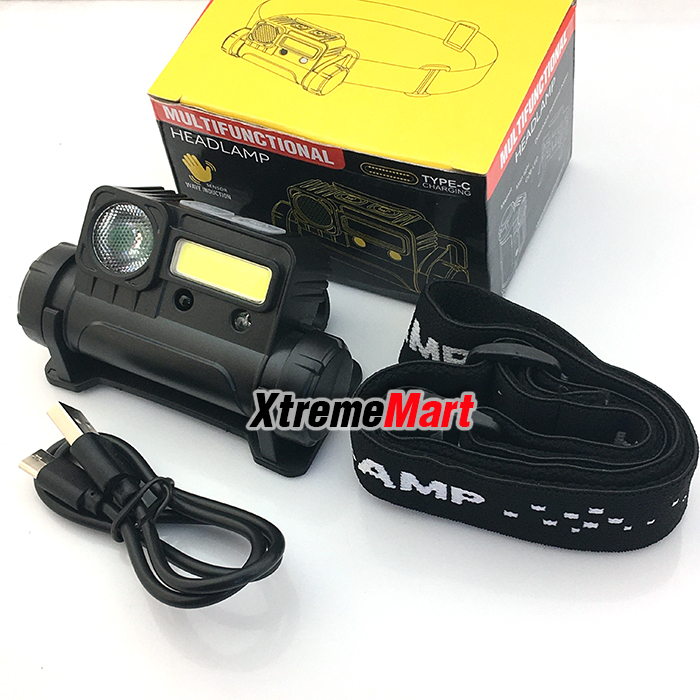 ไฟฉายคาดหัว หลอดLED Q5+COB 500LM มีระบบมือโบกเปิด-ปิด + แม่เหล็กด้านข้าง USB Type C Rechargeable Mini Headlight