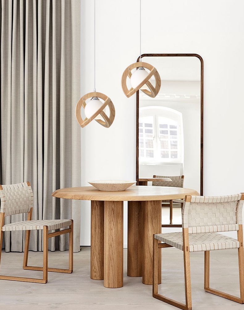 โคมไฟแขวนเพดานสไตล์ไม้ญี่ปุ่นลายเส้นทรงกลมมีแก้วสีขาวนมซ้อนด้านใน [M5601]