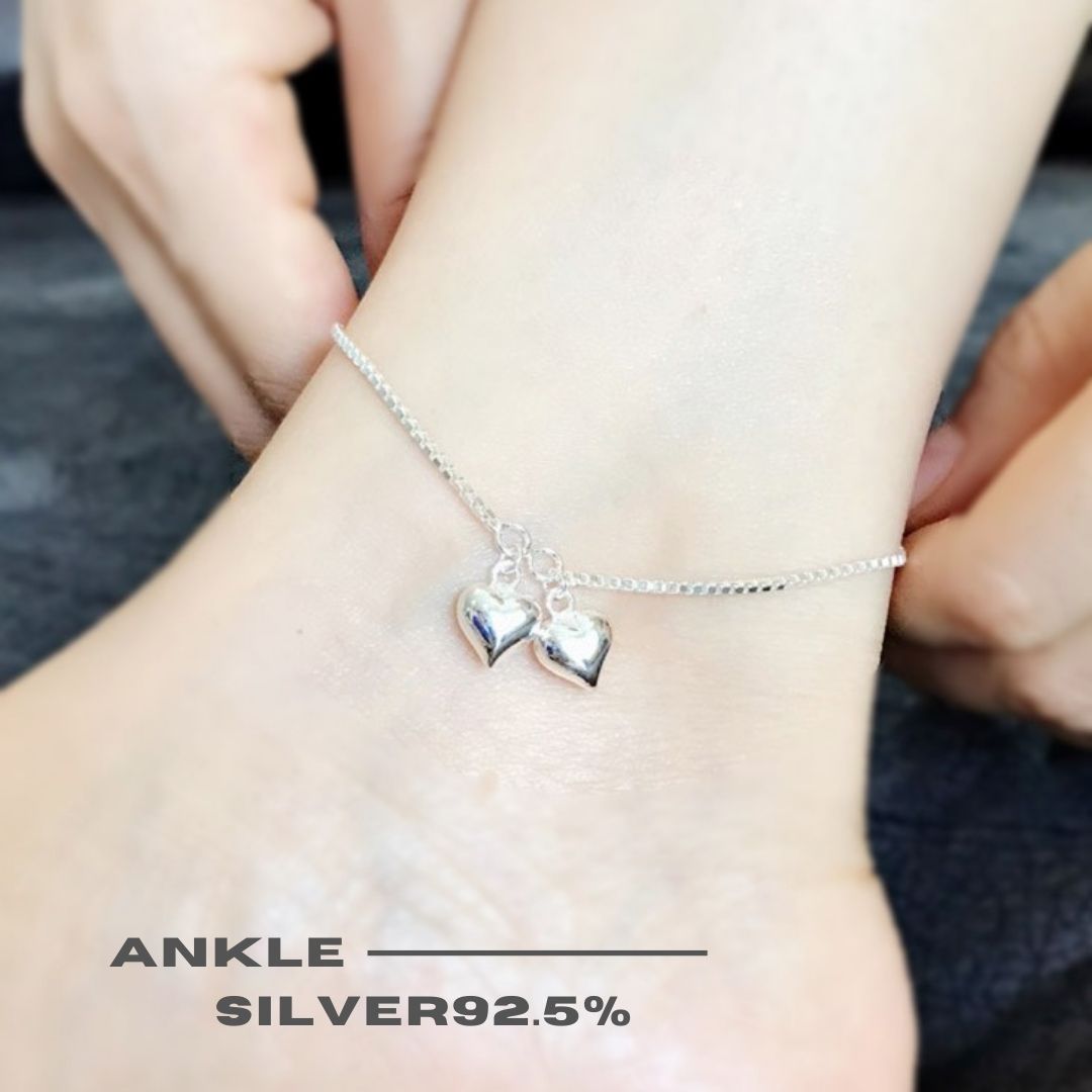 สร้อยข้อเท้าเงินแท้ 92.5% ลายกล่อง box ร้อยตุ้งติ้งหัวใจ น่ารักๆ พร้อมกระดิ่งอีก 1 ลูก (เรือนเงินแท้)