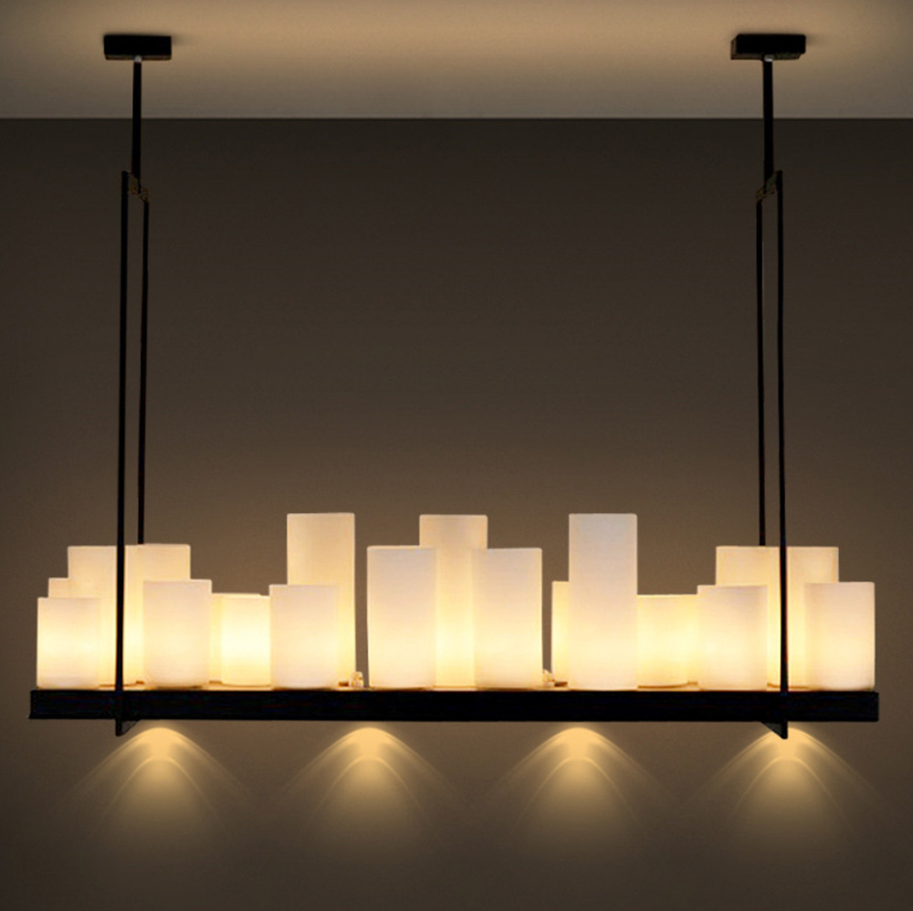 โคมไฟแชนเดอเรีย โครงเหล็กสี่เหลี่ยมผืนผ้าแผ่นเรียบสีดำ โป๊ะแท่งเทียนสีขาวขุ่นวางเรียงสไตล์ Europe [XSAL1104-2]