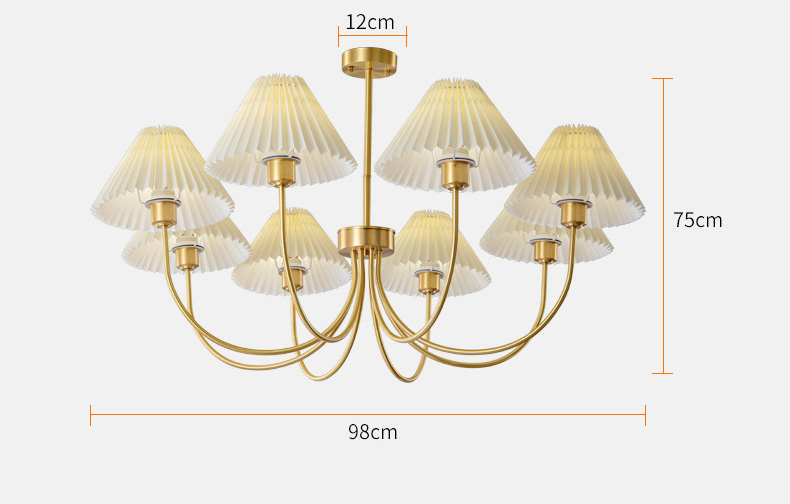 โคมไฟแขวนเพดานโครงสีทองเหลืองทรงโค้งโป๊ะโคมทรงดอกเห็ดผิวเรียบลายจีบ [HSYS-8930]