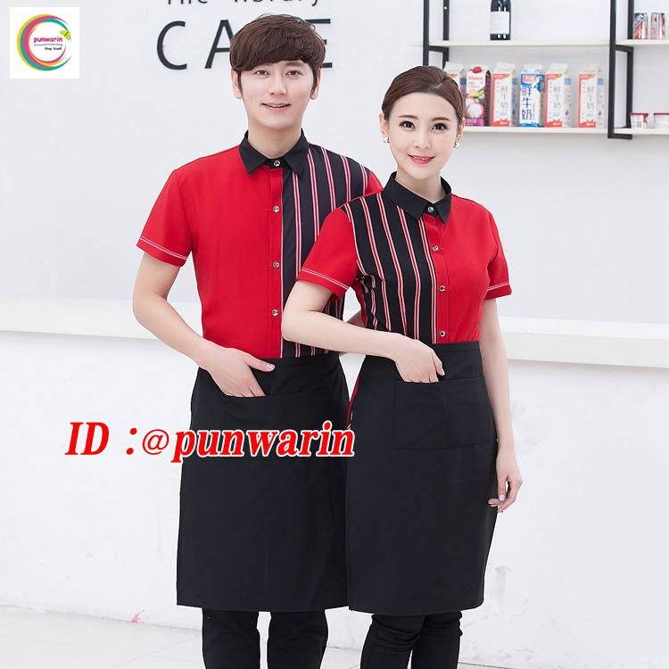 เสื้อฟอร์มพนักงานร้านอาหารกาแฟโรงแรม แขนสั้นสีแดงและดำ F6404001 แดง ดำ L-3XL
