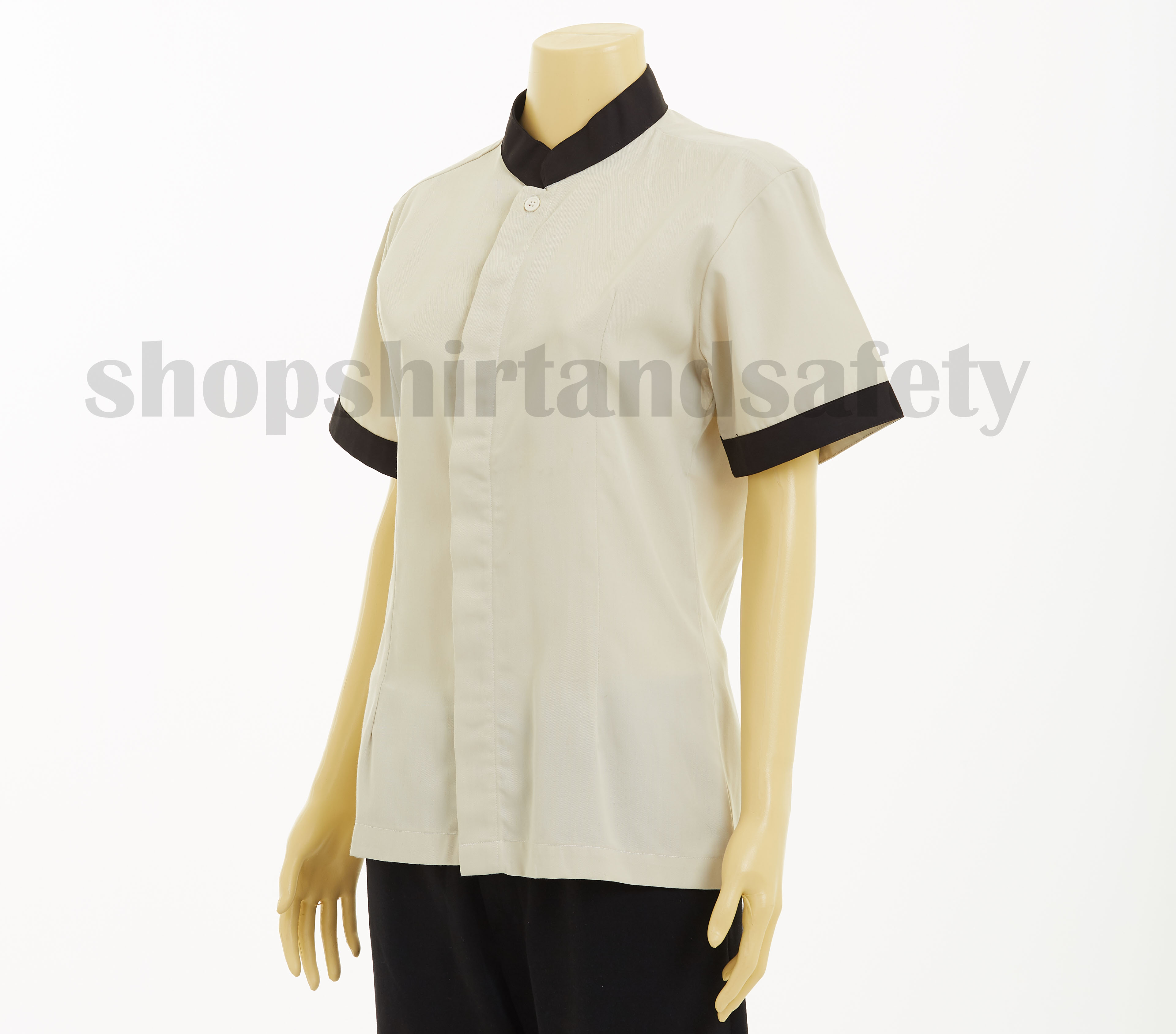 เสื้อแม่บ้านแขนสั้นคอจีนแบบสีครีมกุ้นดำ
