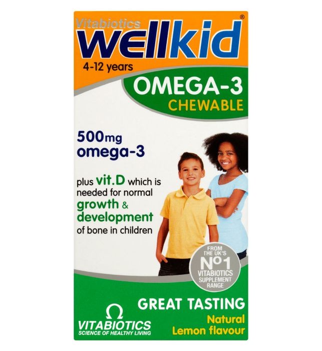 วิตามินเสริมแร่ธาตุโอเมก้า 3 แบบเม็ดเคี้ยวสำหรับเด็ก Vitabiotics Wellkid Omega-3 Chewable plus Vitamin D