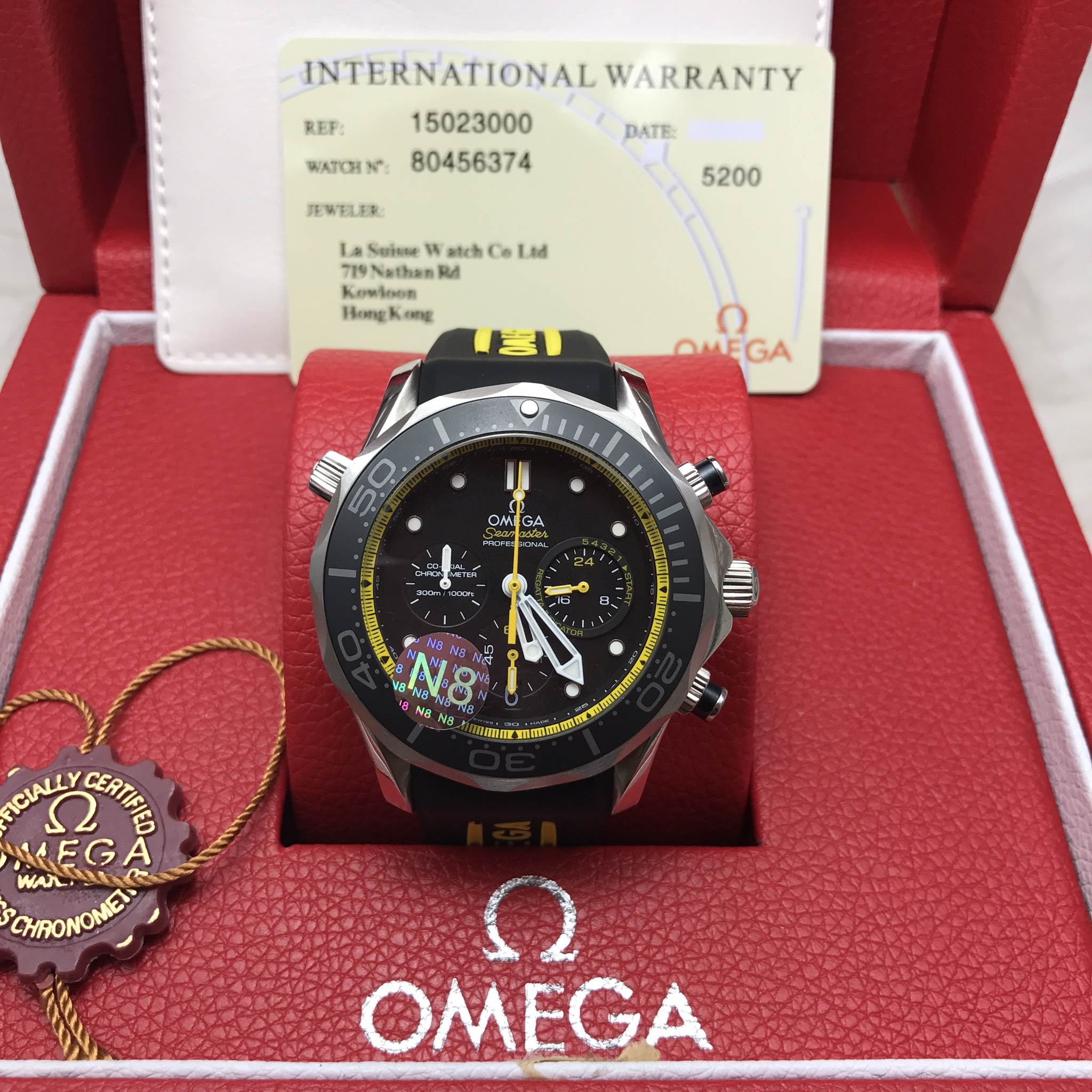 นาฬืกา Omega รุ่น Seamaster Chronograph America's Cup 2013 สีเงิน สายยางสีเหลือง-ดำ