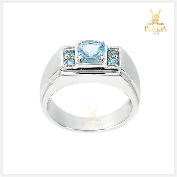 แหวนอะความารีนแท้ เงินแท้925 ชุบทองคำขาว อัญมณีสีฟ้าสวยใสดั่งน้ำทะเล