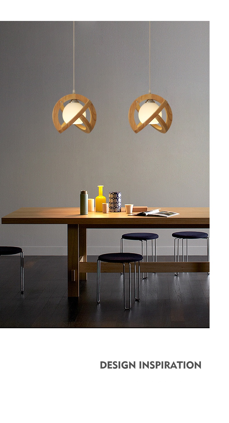 โคมไฟแขวนเพดานสไตล์ไม้ญี่ปุ่นลายเส้นทรงกลมมีแก้วสีขาวนมซ้อนด้านใน [M5601]