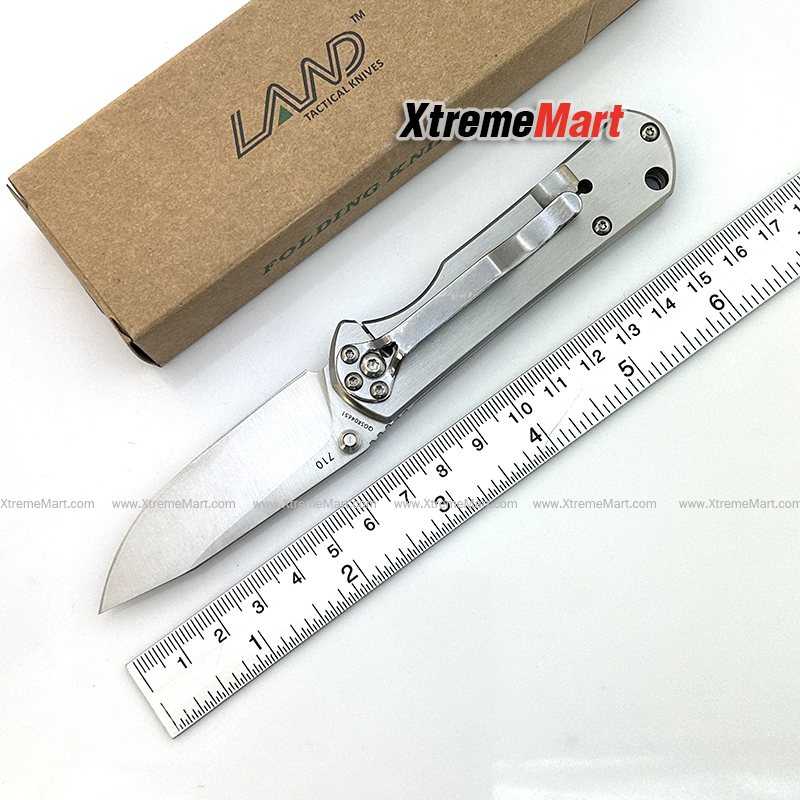มีดพับ LAND รุ่น 710 ใบมีดสแตนเลส ระบบ Frame Lock Stainless Steel Folding Knife(ด้ามเงิน ใบเงิน)