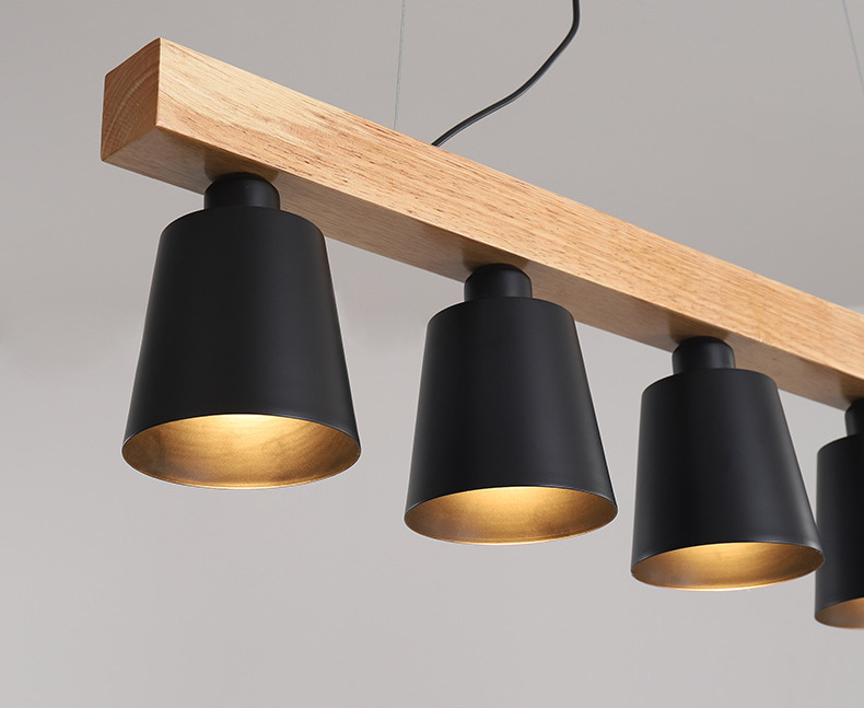 โคมไฟแขวนเพดานไม้ 5 ดวงทรงยาวโป๊ะโคมสีดำ SH-XD-003