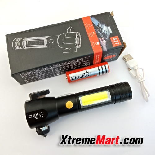 ไฟฉายทุบกระจก-ตัด Belt ท้ายแม่เหล็ก Zhouji XML-T6 827LM แสงขาว มาพร้อมโคมด้านข้าง USB Rechargeable Flashlight