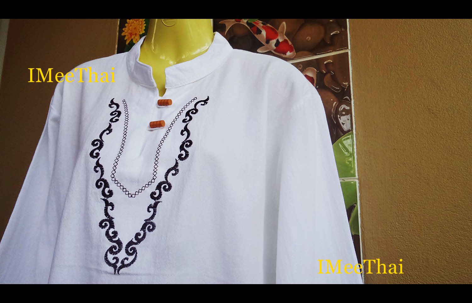 เสื้อ ลายไทย กนก ผ้าฝ้าย สีขาวแขนยาว