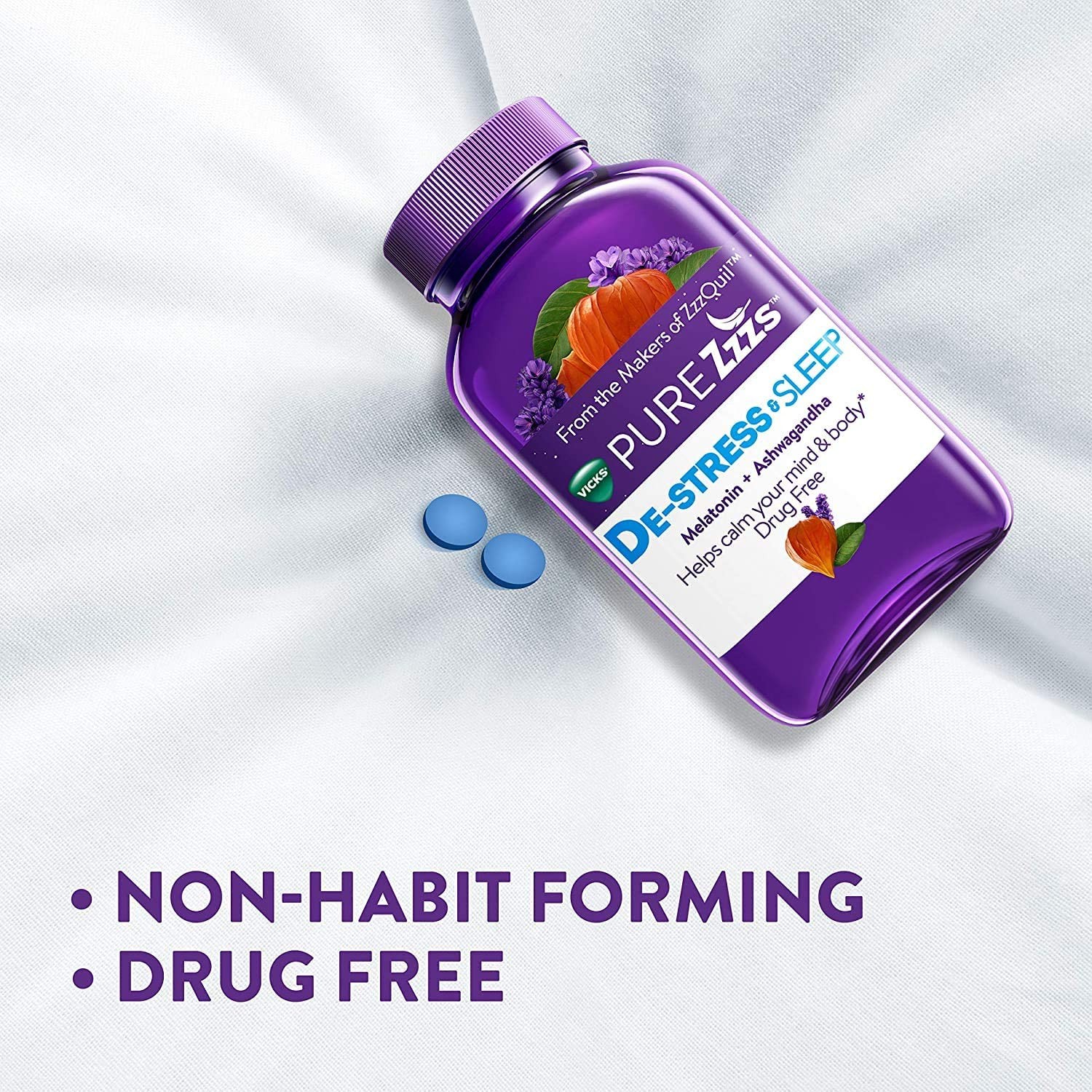วิตามินช่วยการนอนหลับพร้อมคลายความตึงเครียด Vicks PURE Zzzs De-Stress & Sleep Melatonin + Ashwagandha