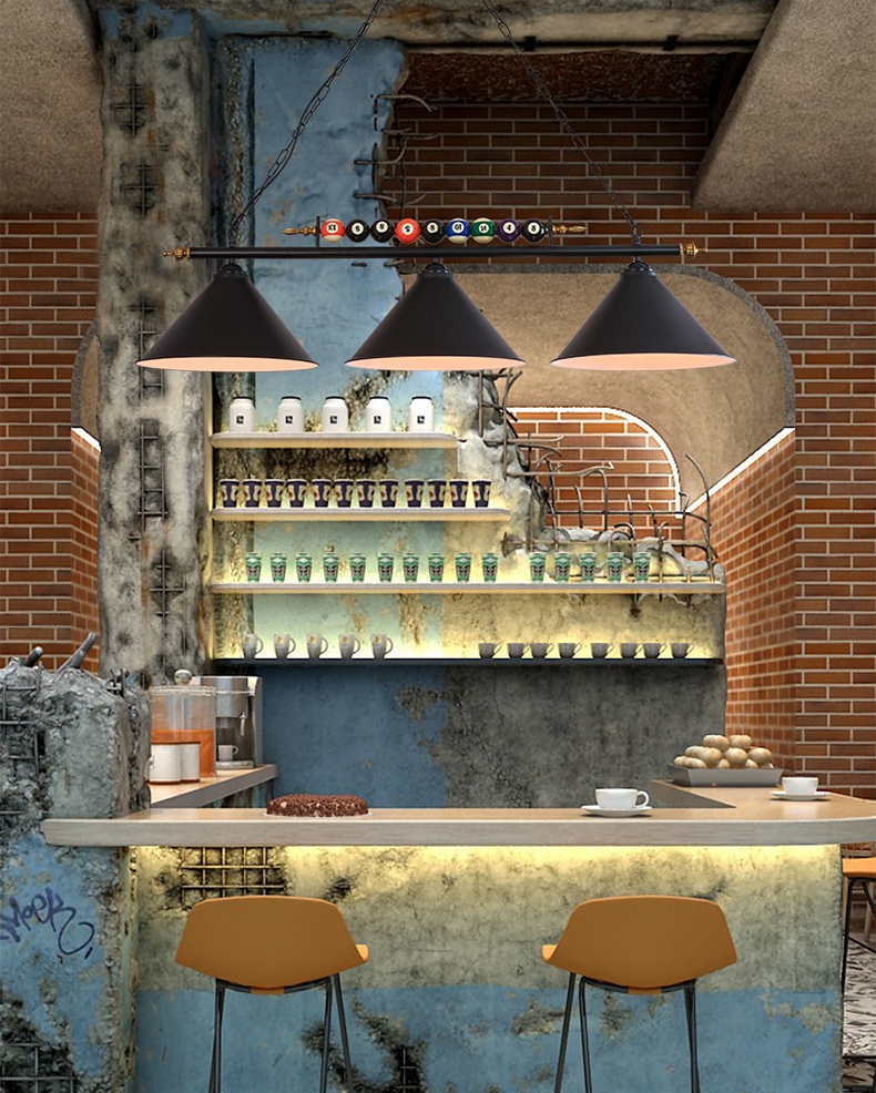 โคมไฟระย้าสไตล์วินเทจอเมริกันไฟ 3 ดวง ยาว 1.2 เมตร โป๊ะโคมทรงกรวยตกแต่งด้วยลูกบิลเลียด [BIC-230901]