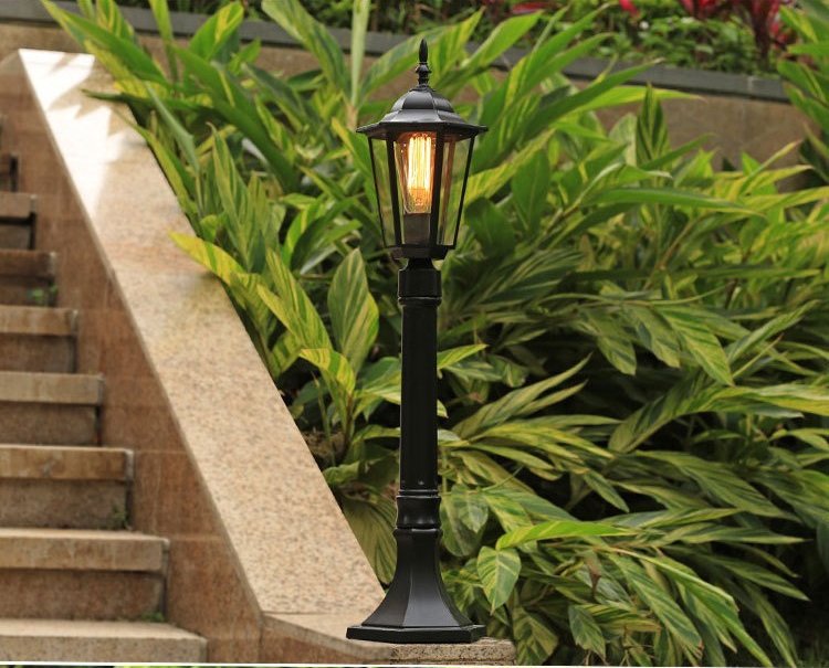 โคมไฟสนาม-เสาไฟสนามสไตล์ยุโรปคลาสสิกโป๊ะโคมทรงหกเหลี่ยมกระจกใสความสูง 80CM [OL-80]