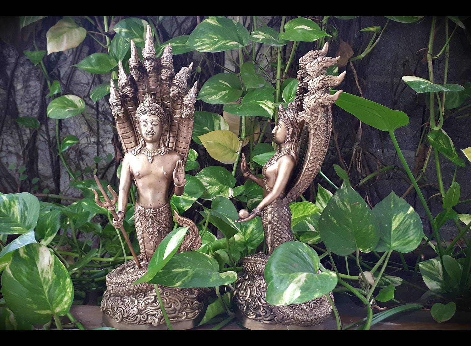 รูปหล่อ คู่ พญานาคราช ปางประทานพร ถืออาวุธ (ท่านปู่นาคา-ศรีสุทโธ ท่านยานาคี-ศรีปทุมวัน) พญานาคปรก 7ตน 7หัว โลหะทองเหลือง (ขนาดบูชา สูง15นิ้ว) (ขายปลีก ขายส่ง)