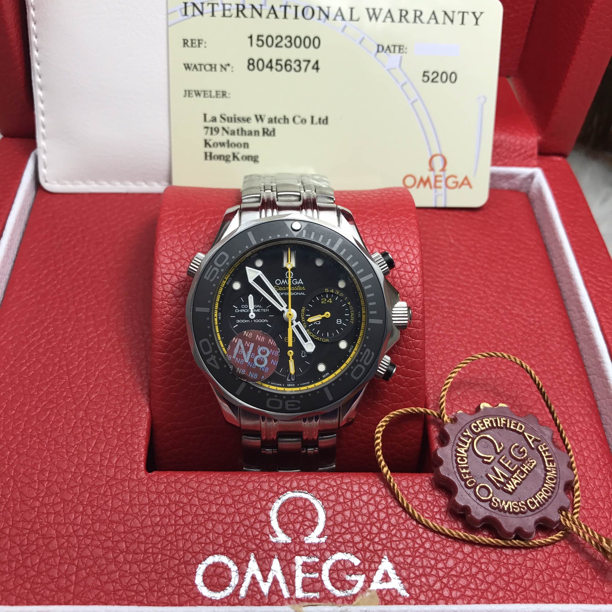 นาฬืกา Omega รุ่น Seamaster Chronograph America's Cup 2013 สีเงิน สายแสตนเลสหน้าปัด สีดำ-เหลือง