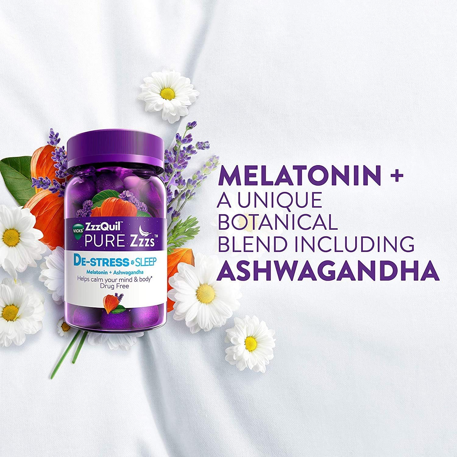 วิตามินช่วยการนอนหลับพร้อมคลายความตึงเครียด Vicks PURE Zzzs De-Stress & Sleep Melatonin + Ashwagandha