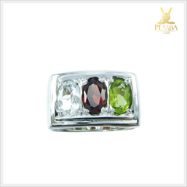 แหวนพลอยแท้ 3 สี เงินแท้925 ชุบทองคำขาว เสริมดวงชีวิต