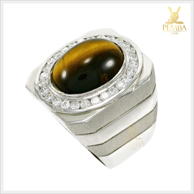 แหวนตาเสือ เงินแท้925 ชุบทองคำขาว สวมใส่โดดเด่นเต็มๆ นิ้ว