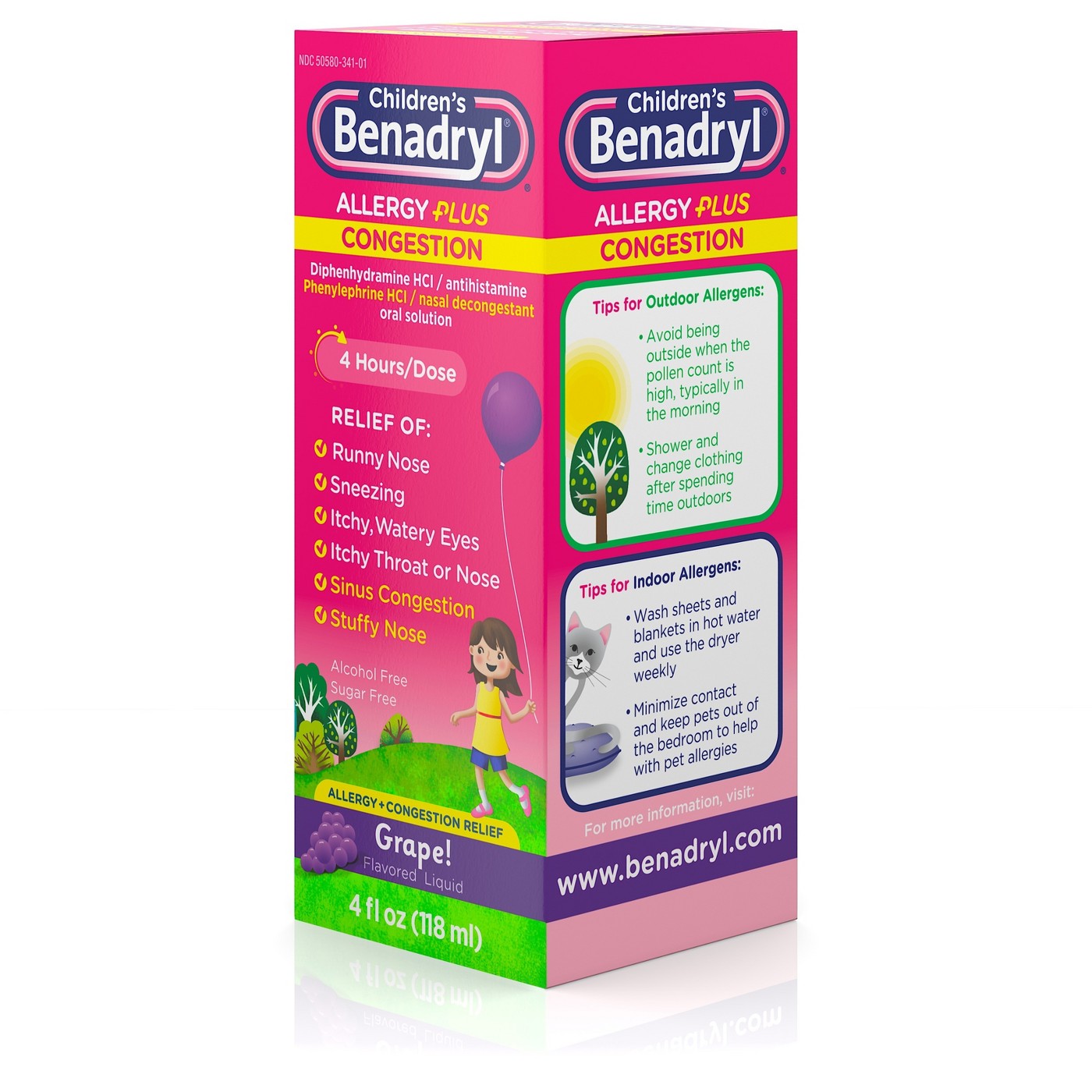 ยาบรรเทาอาการภูมิแพ้ชนิดน้ำสำหรับเด็กโตและผู้ใหญ่ Benadryl Children's Allergy PLUS Congestion (Grape)