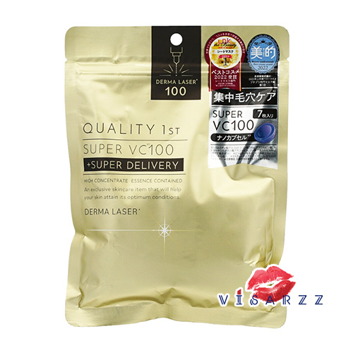 (ซองสีทอง) Quality 1St Derma Laser Super VC 100 (7 แผ่น/ 1ซอง) มาส์กสุดฮิตจากญี่ปุ่น อุดมด้วยวิตามินซี 4 ชนิด ช่วยเผยผิวกระจ่างใส กระชับ ด้วยเทคโนโลยีนาโนแคปซูลช่วยนำพาสารบำรุงซึมเข้าผิวได้ดียิ่งขึ้น และแผ่นมาส์กทำจากฝ้ายละมุน แนบชิดผิวกระชับ ช่วยผลักสารบ