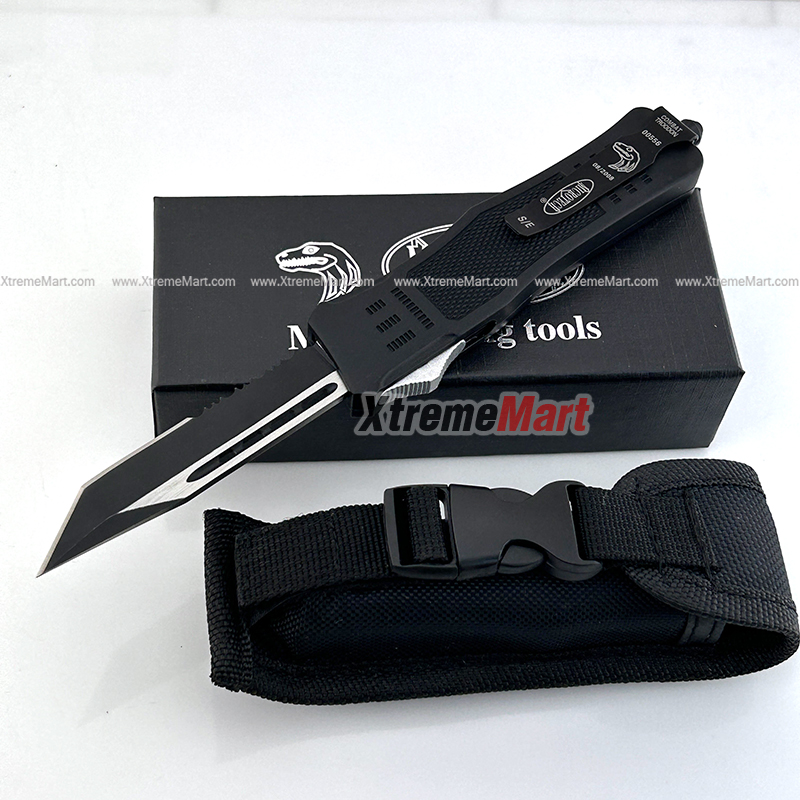มีดสปริงตรง Microtech ขนาดกลาง ใบ Tanto คมด้านเดียว กึ่งหยัก Combat Troodon 00556 D/E Automatic Knife Camping Tool