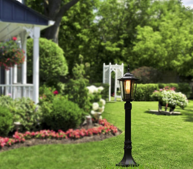 โคมไฟสนาม-เสาไฟสนามสไตล์ยุโรปคลาสสิกโป๊ะโคมทรงหกเหลี่ยมกระจกใสความสูง 80CM [OL-80]