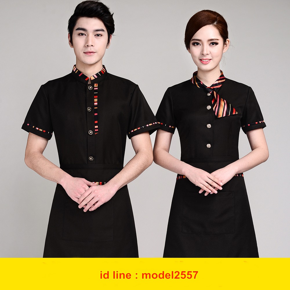 F6104001 เสื้อฟอร์มพนักงานร้านอาหารกาแฟโรงแรม แขนสั้น F6104001 ดำ,แดง,ม่วง M,L,XL,XXL,3XL