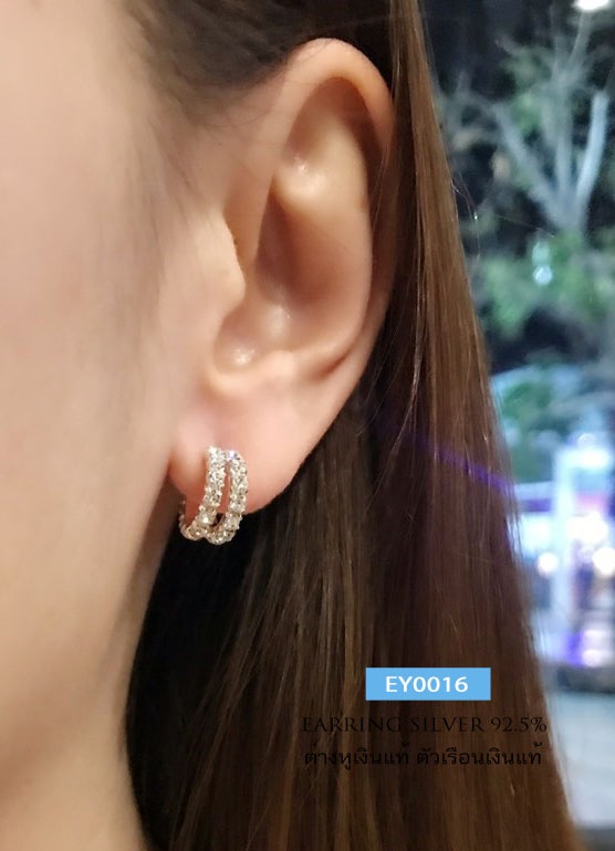 ต่างหูเงินแท้ 92.5% ประดับเพชร cz สองแถว สีขาว งานสวย เพชรเล่นแสงดีมากๆ