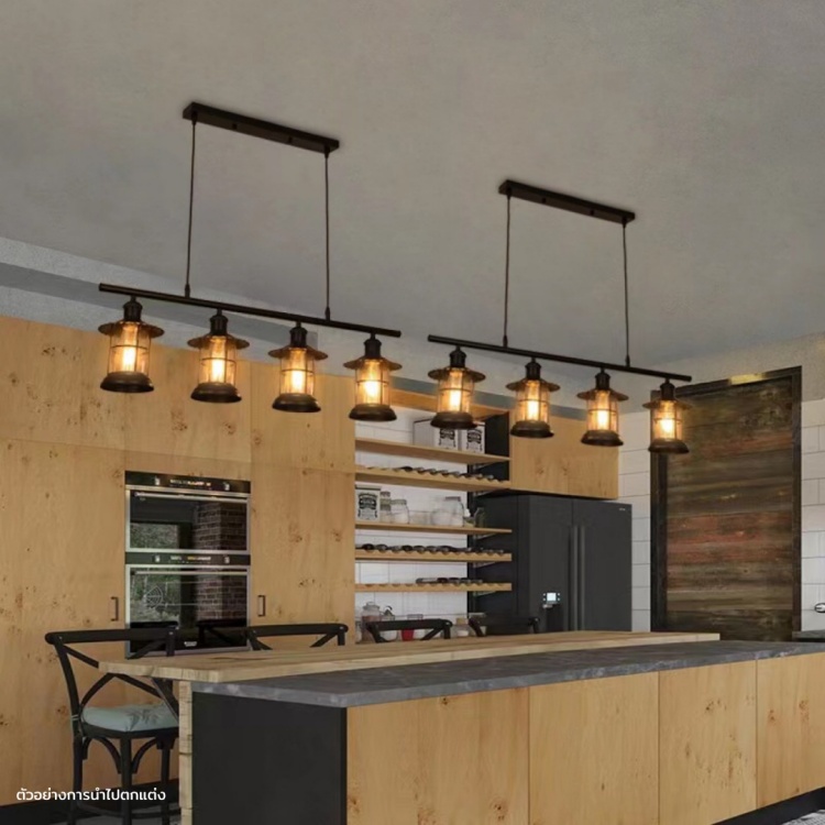 โคมไฟแขวนเพดานสไตล์ Retro industrial แบบคานยาว สีดำ โป๊ะโคมทรงกรงเหล็กแก้วแบบมีปีก [ML-04-D]
