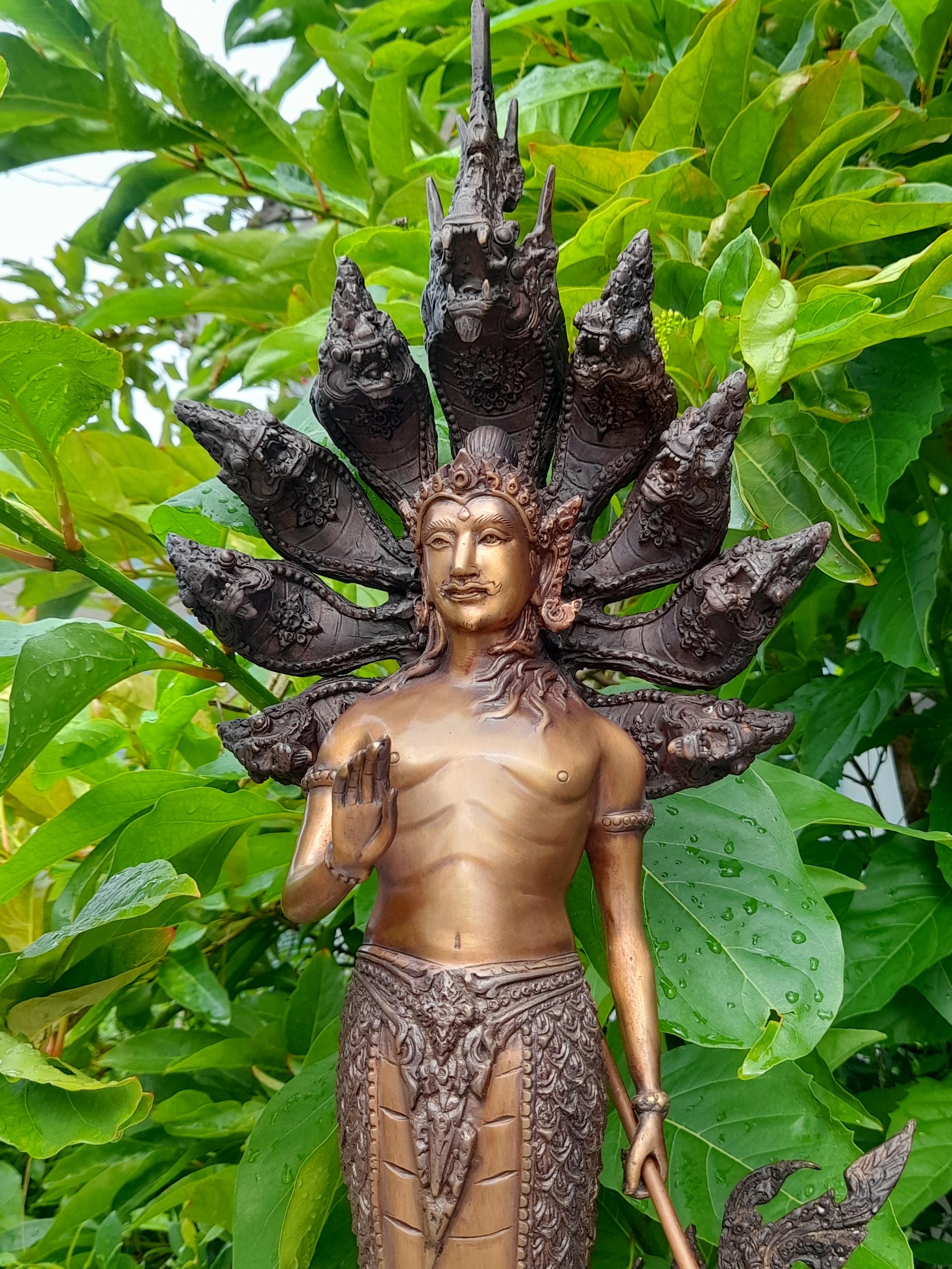 รูปหล่อ พญานาคราช ปาง ประทานพร มนุษย์ ครึ่งพญานาค นาคปรก 9หัว เศียร เนื้อทองเหลือง สีสัมฤทธิ์ (สูง22นิ้ว) (งานพรีออเดอร์สั่งทำ 2เดือน)