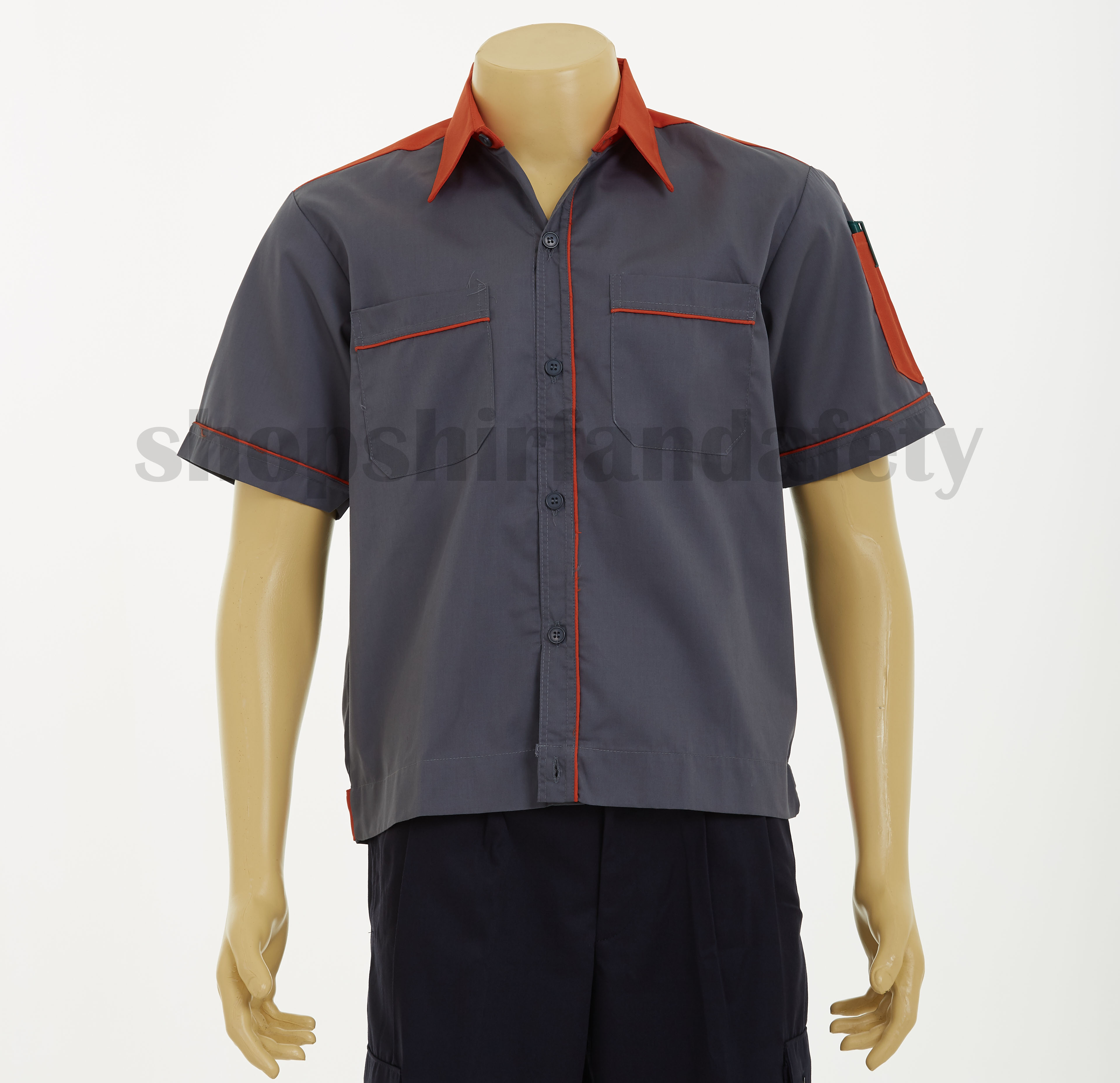 เสื้อช็อปแขนสั้นแบบเทาบ่าส้ม