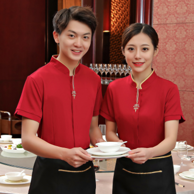 ชุดพนักงานภัตตาคารร้านอาหารจีนโรงน้ำชาญี่ปุ่นเกาหลี แขนสั้น F6705011 แดง ดำ L -4XL