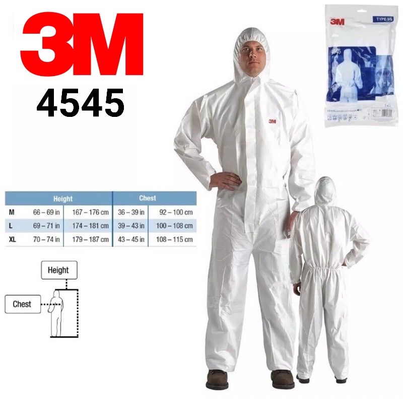 ชุด PPE 3M4545 สีขาว Type5/6 มาตรฐาน EN 14126 Type 5,6 ป้องกันฝุ่น สารเคมีเหลว สารติดเชื้อ อนุภาคกัมมันตรังสี