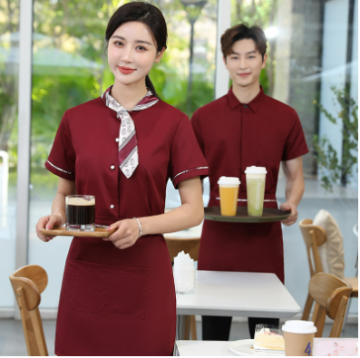 เสื้อฟอร์มพนักงานร้านอาหารกาแฟโรงแรม แขนสั้น F6705006 ดำ แดง เทา L-5XL